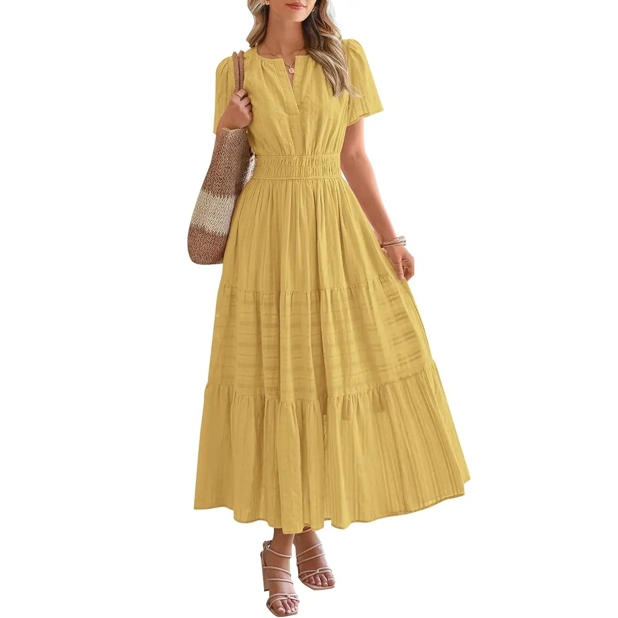Women's Lightweight Short Sleeve V Neck Maxi Dress with Pockets