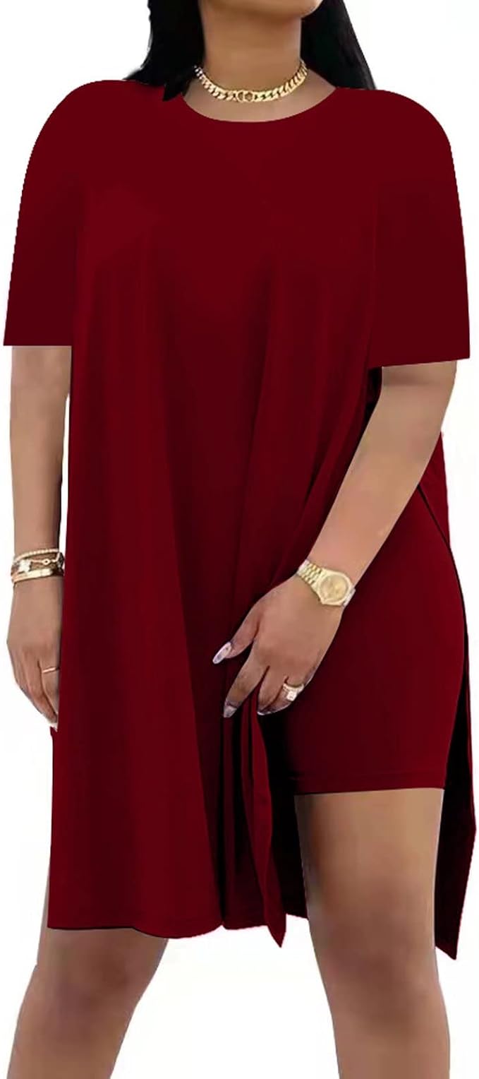Women Plus Size 2 Piece Outfits Lady Basic Crewneck Short Sleeve Tunic Tops Soft Summer Sets, Breathable Material
