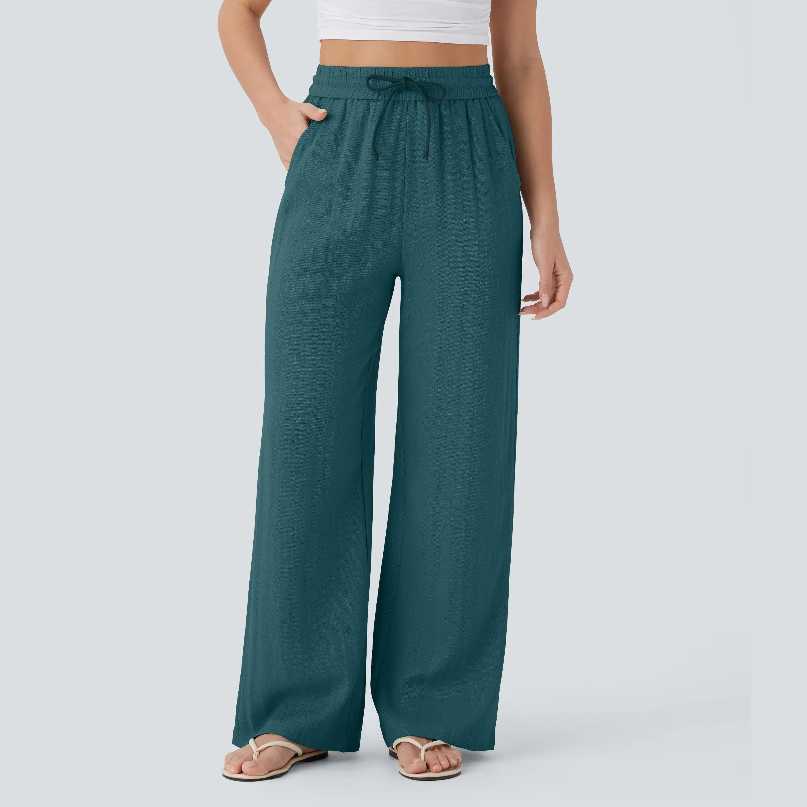 Women's High Waisted Drawstring Wide Leg Baggy Linen-Feel Pants with Pocket