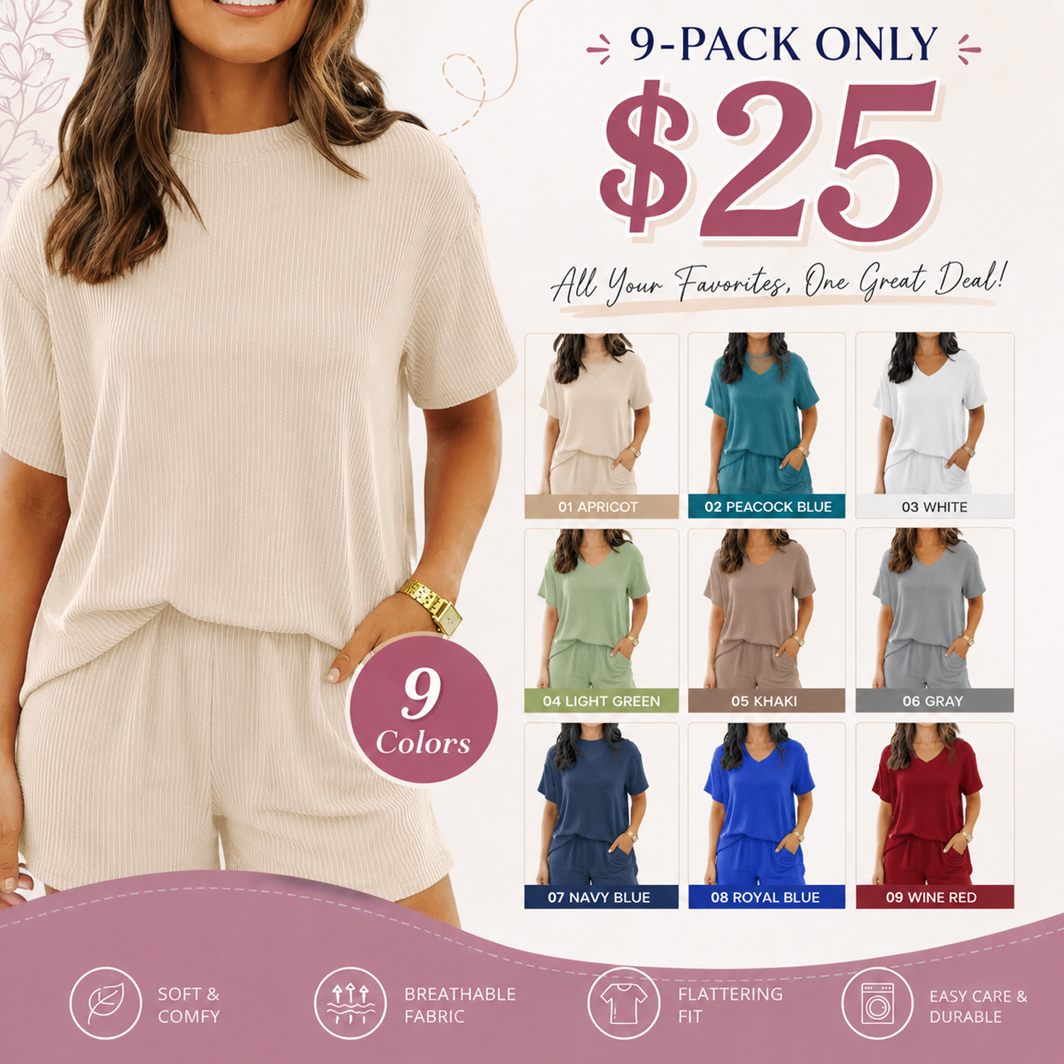 Women's Summer Casual Pajamas Ribbed Textured Outfit Matching Two Piece Sets with Pockets