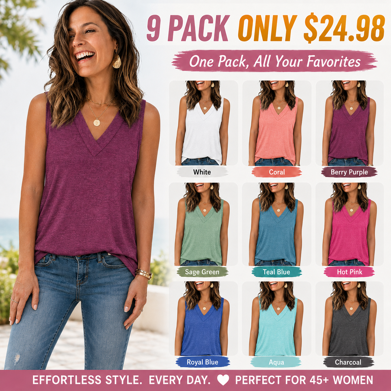 ⚡FINAL SALE⚡- Women's Sleeveless Basic Casual V Neck Tops Short