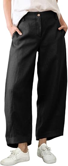 Women's Casual Baggy Linen Blend Pants, High Waisted Pull On Wide Leg Style with Pockets