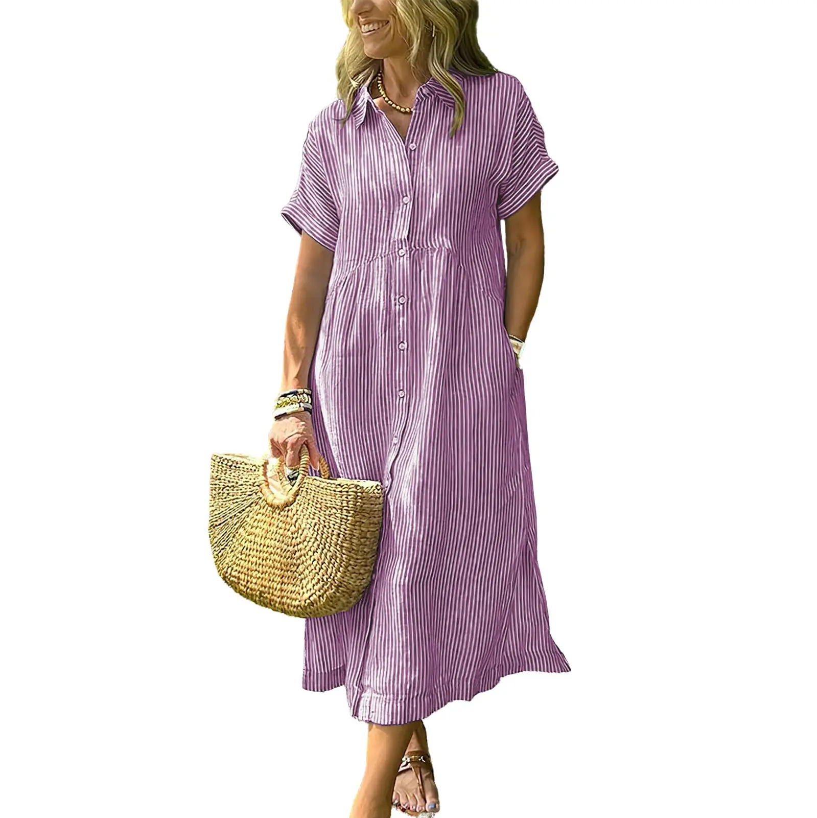 Women's Loose Midi Striped Shirt Dress