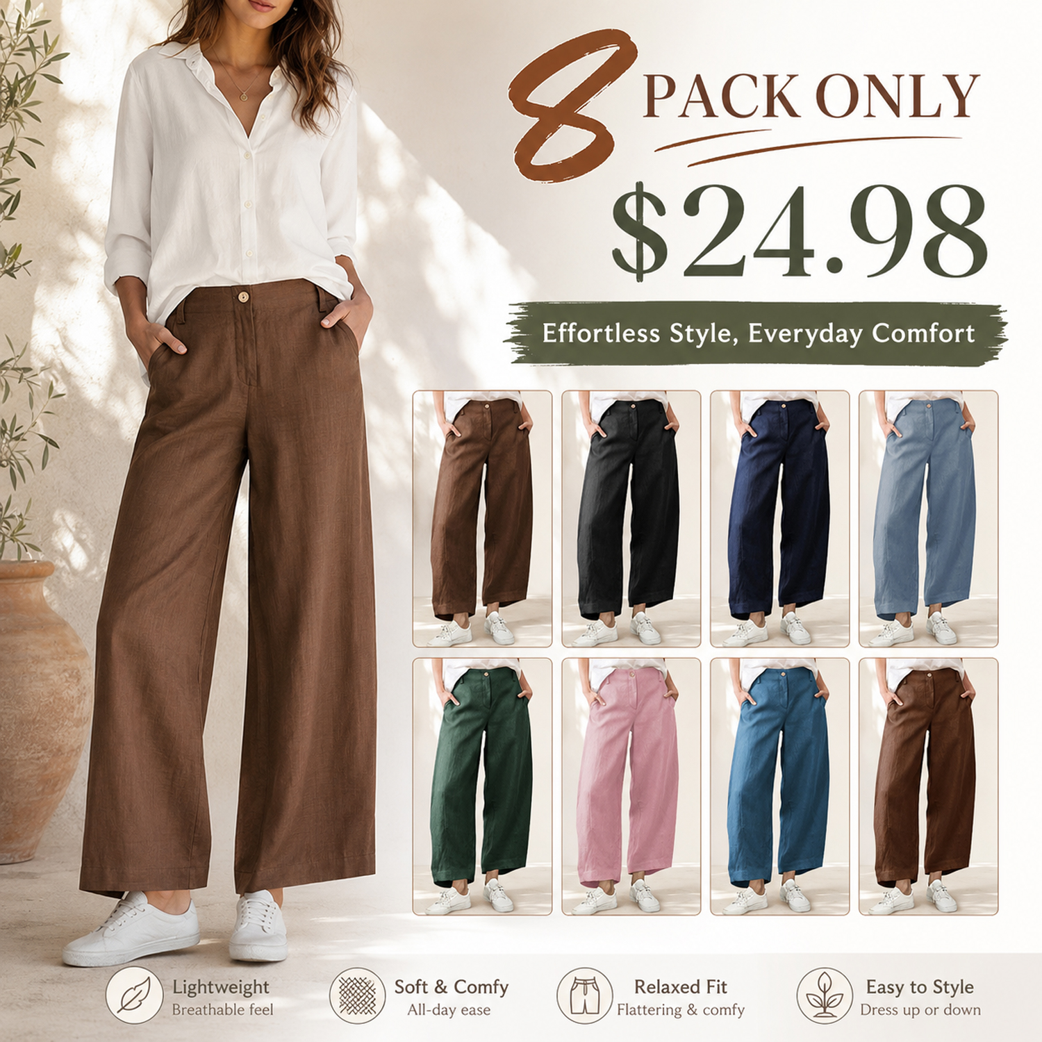 Women's Casual Baggy Linen Blend Pants, High Waisted Pull On Wide Leg Style with Pockets