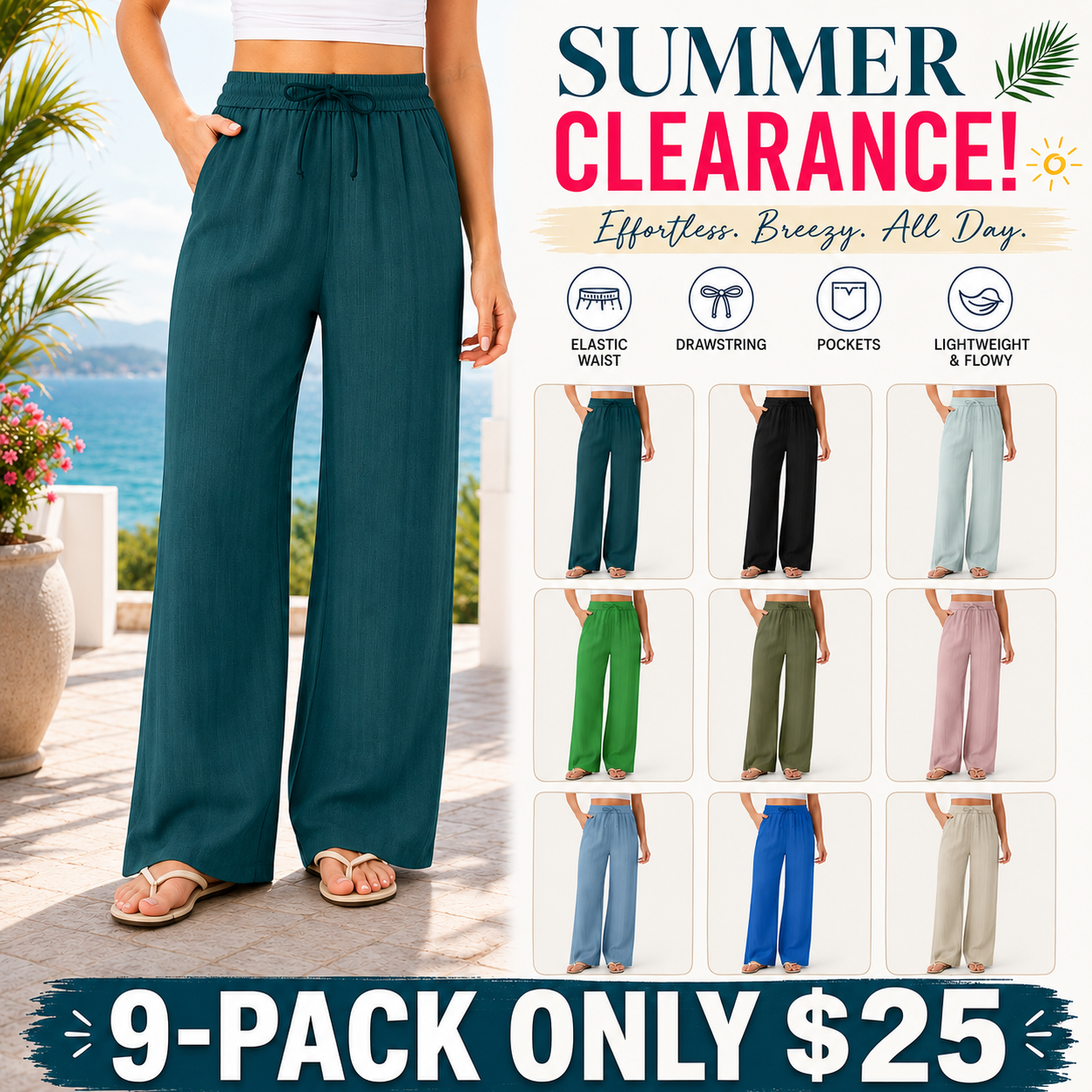 Women's High Waisted Drawstring Wide Leg Baggy Linen-Feel Pants with Pocket