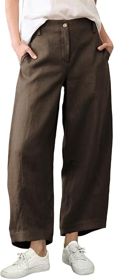 Women's Casual Baggy Linen Blend Pants, High Waisted Pull On Wide Leg Style with Pockets