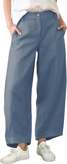 Women's Casual Baggy Linen Blend Pants, High Waisted Pull On Wide Leg Style with Pockets