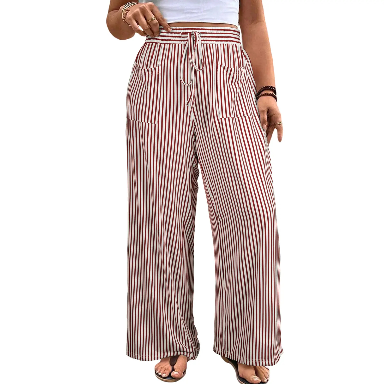 Women's Plus Size Wide Leg Pants Elastic High Waist Striped Casual Palazzo Pants Lounge Trouser with Pockets