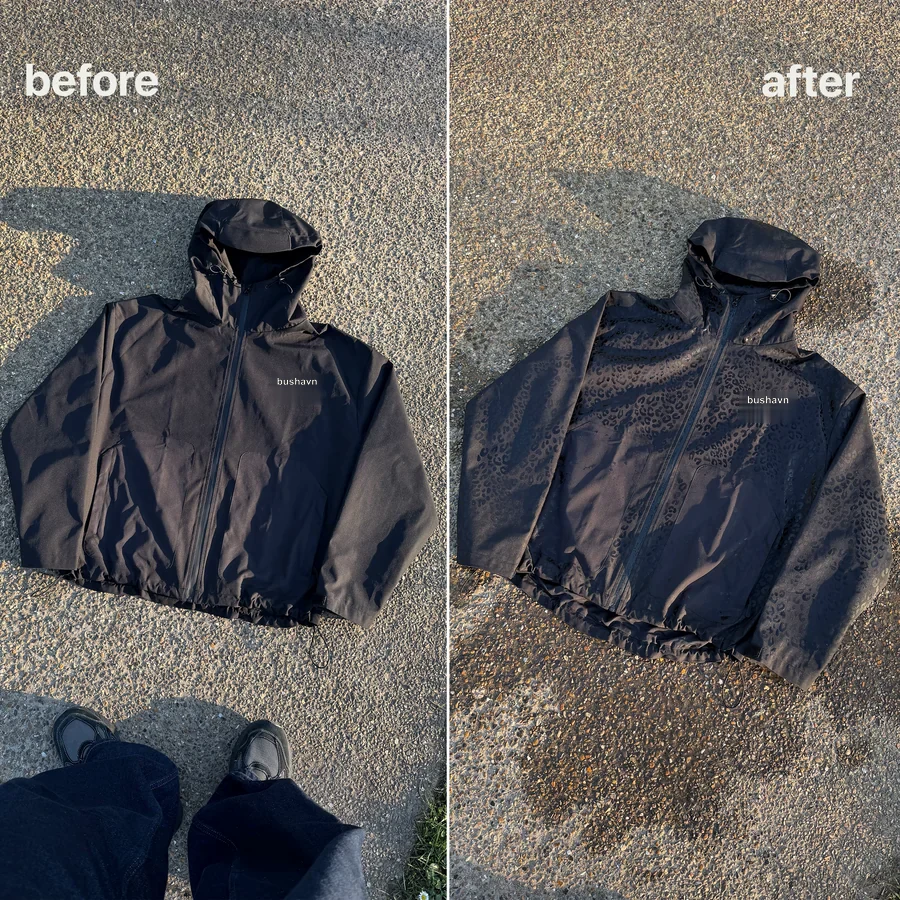Before and after comparison showing the rain-revealed cheetah print