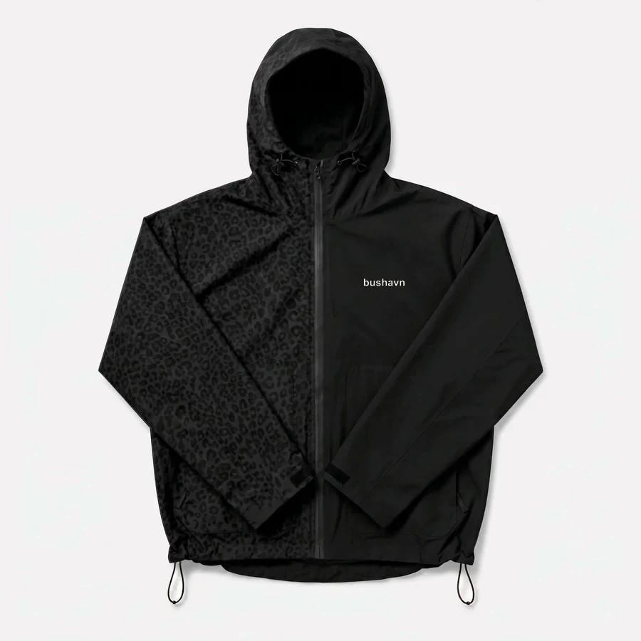Black water-reactive cheetah rain jacket