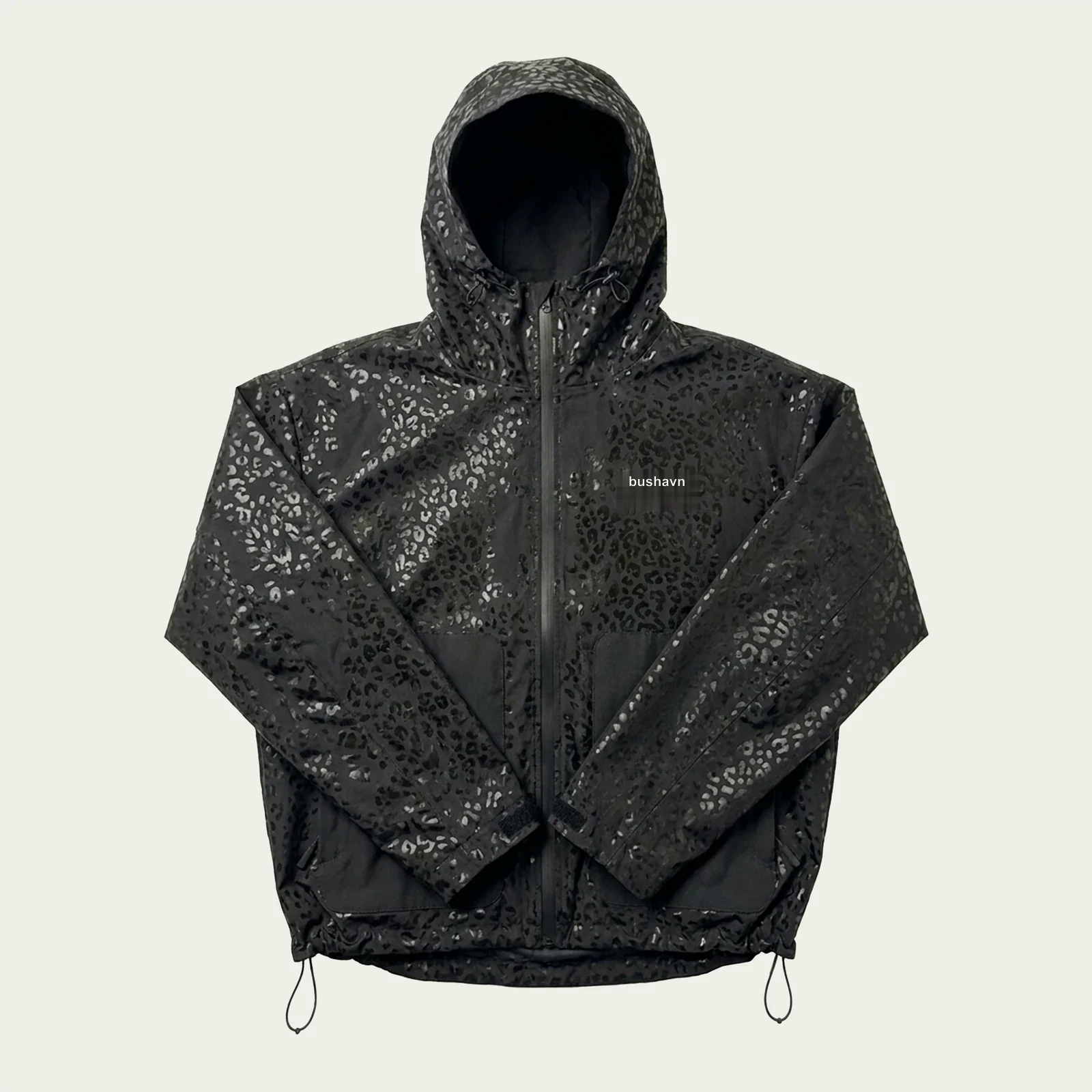 Black jacket after the cheetah pattern appears in rain
