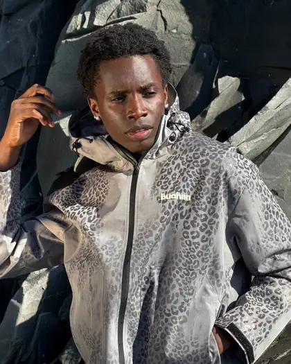 Model wearing the grey reactive jacket