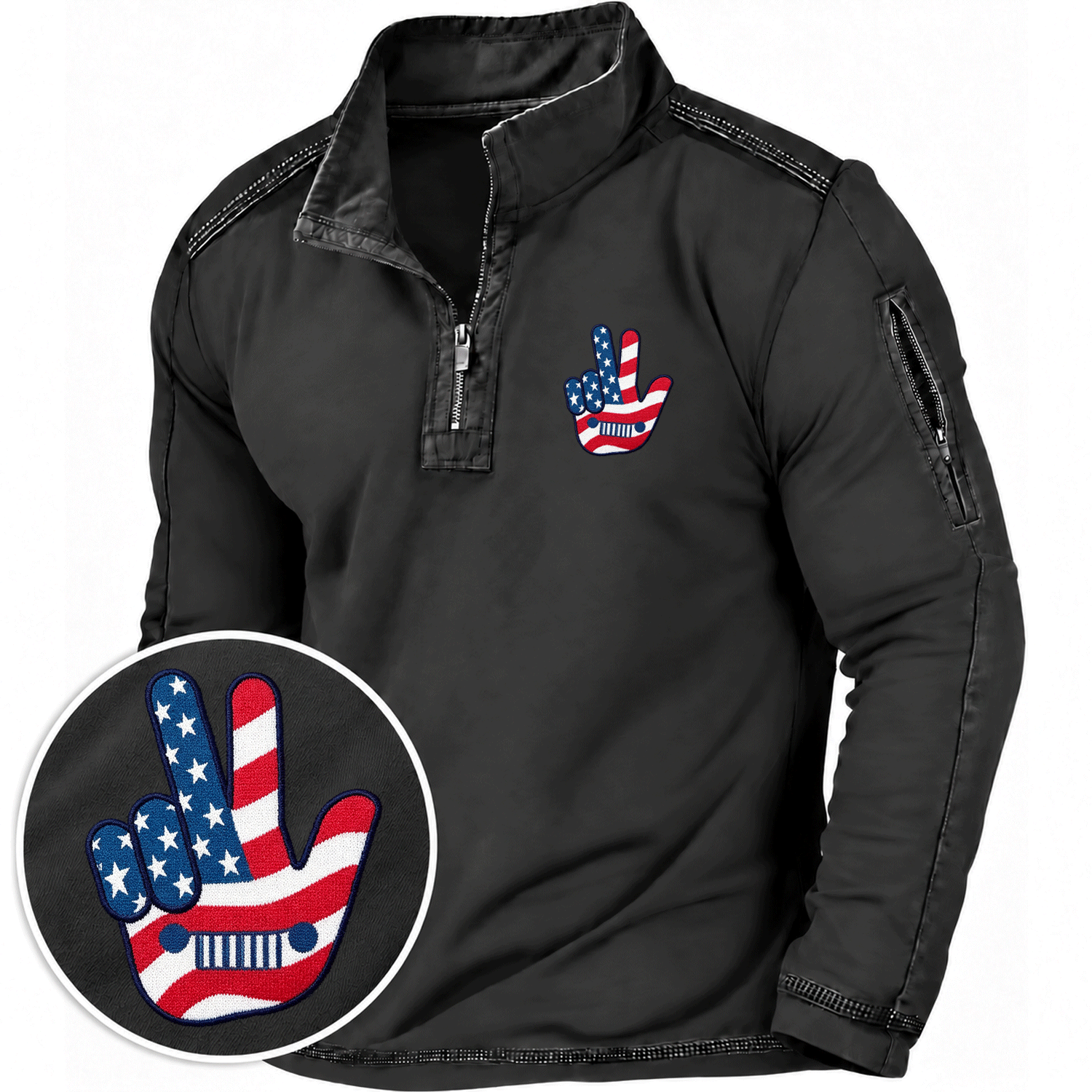 American Flag Patriotic Jp Wave Embroidery Quarter-Zip Sweatshirt
