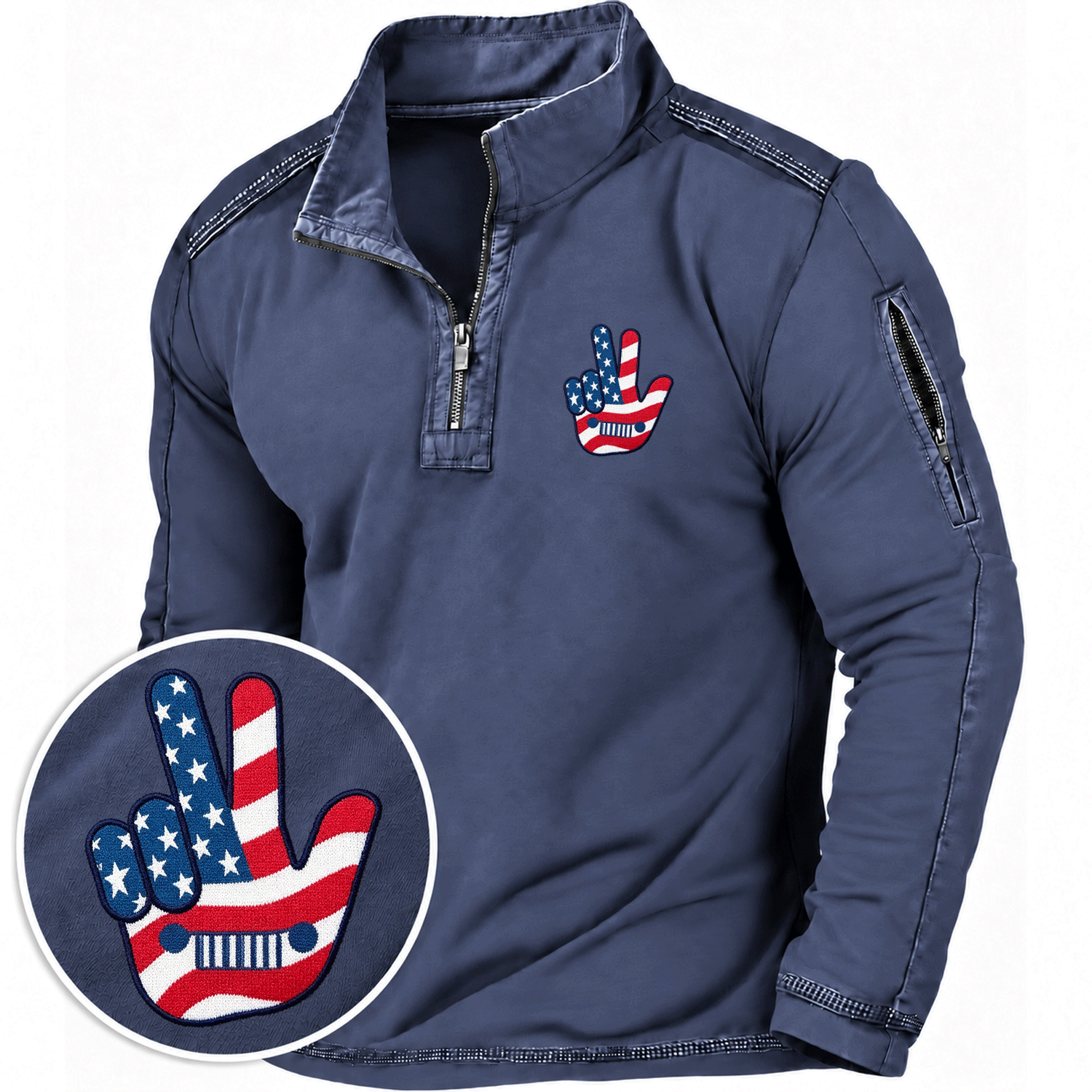 American Flag Patriotic Jp Wave Embroidery Quarter-Zip Sweatshirt