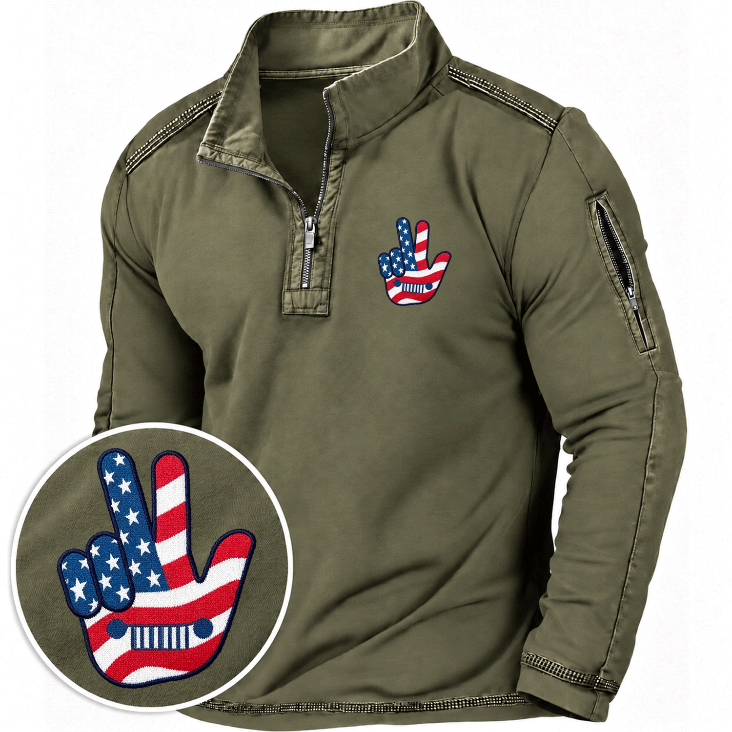 American Flag Patriotic Jp Wave Embroidery Quarter-Zip Sweatshirt