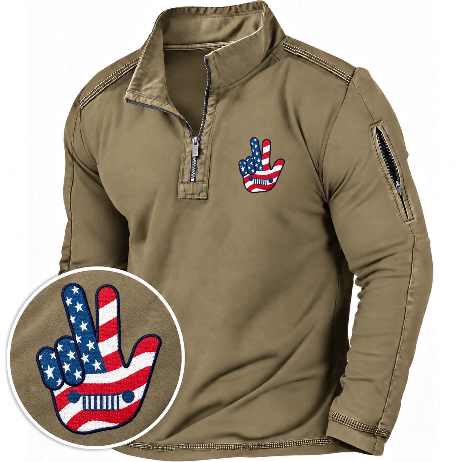 American Flag Patriotic Jp Wave Embroidery Quarter-Zip Sweatshirt