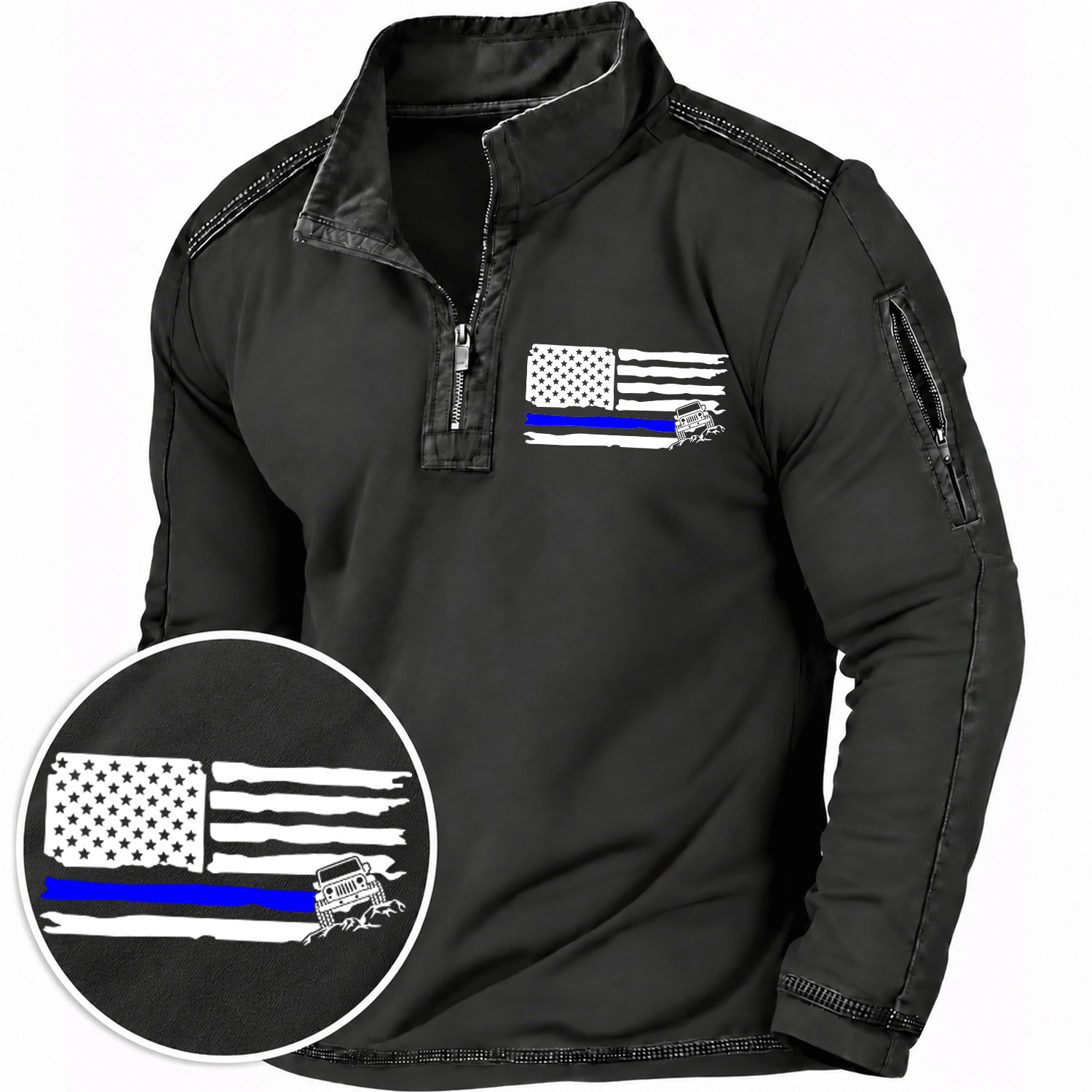 American Patriotic Distressed Thin Blue Flag Offroad Quarter-Zip Sweatshirt