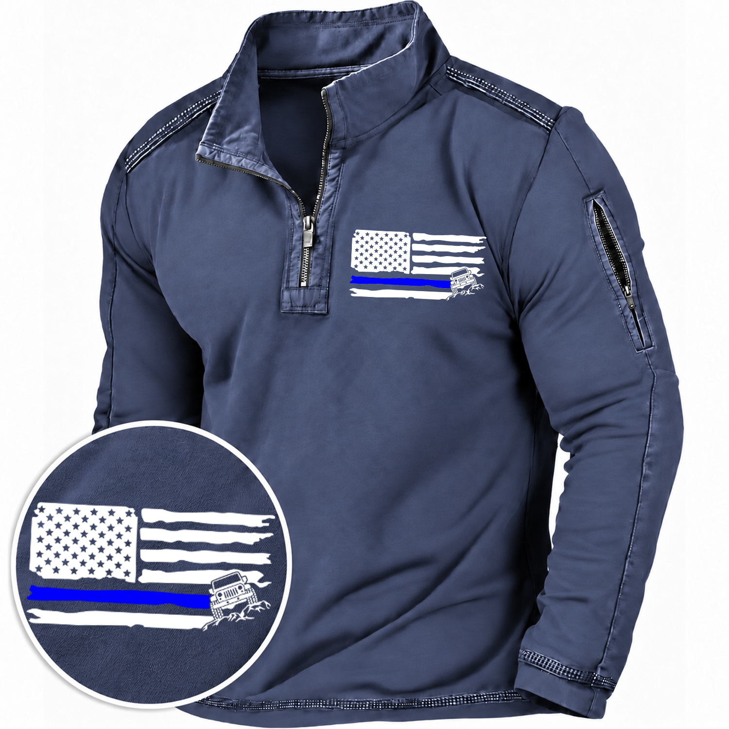 American Patriotic Distressed Thin Blue Flag Offroad Quarter-Zip Sweatshirt