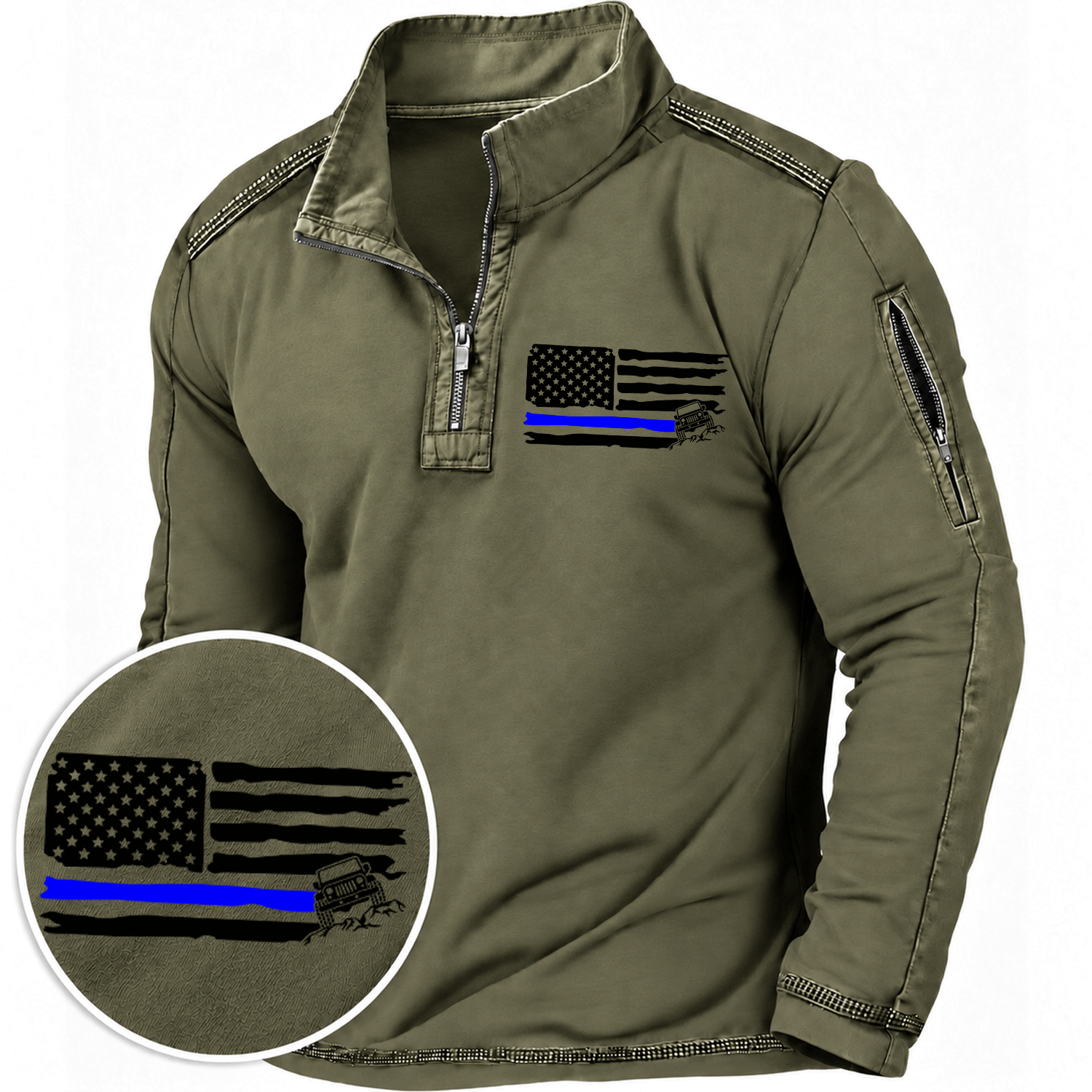 American Patriotic Distressed Thin Blue Flag Offroad Quarter-Zip Sweatshirt
