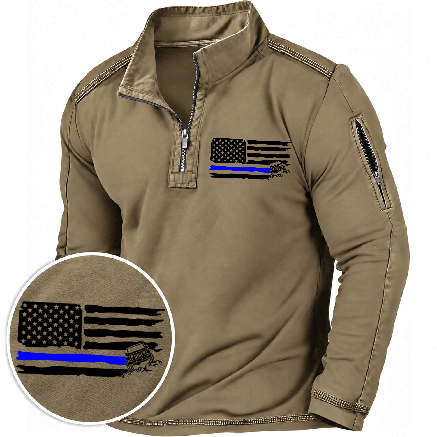 American Patriotic Distressed Thin Blue Flag Offroad Quarter-Zip Sweatshirt