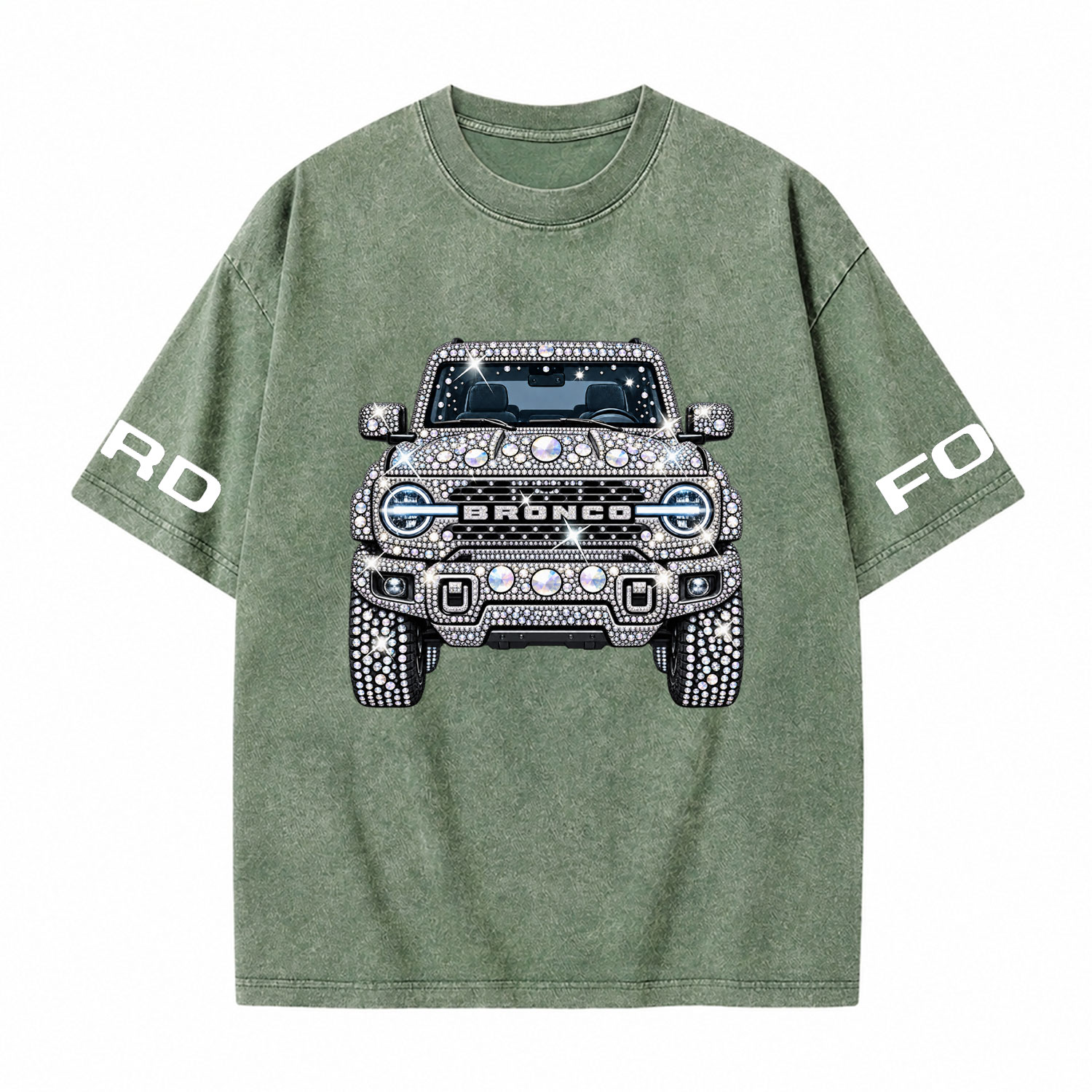 Bling Sparkle Rhinestone Bronco F0rd Washed T-Shirt