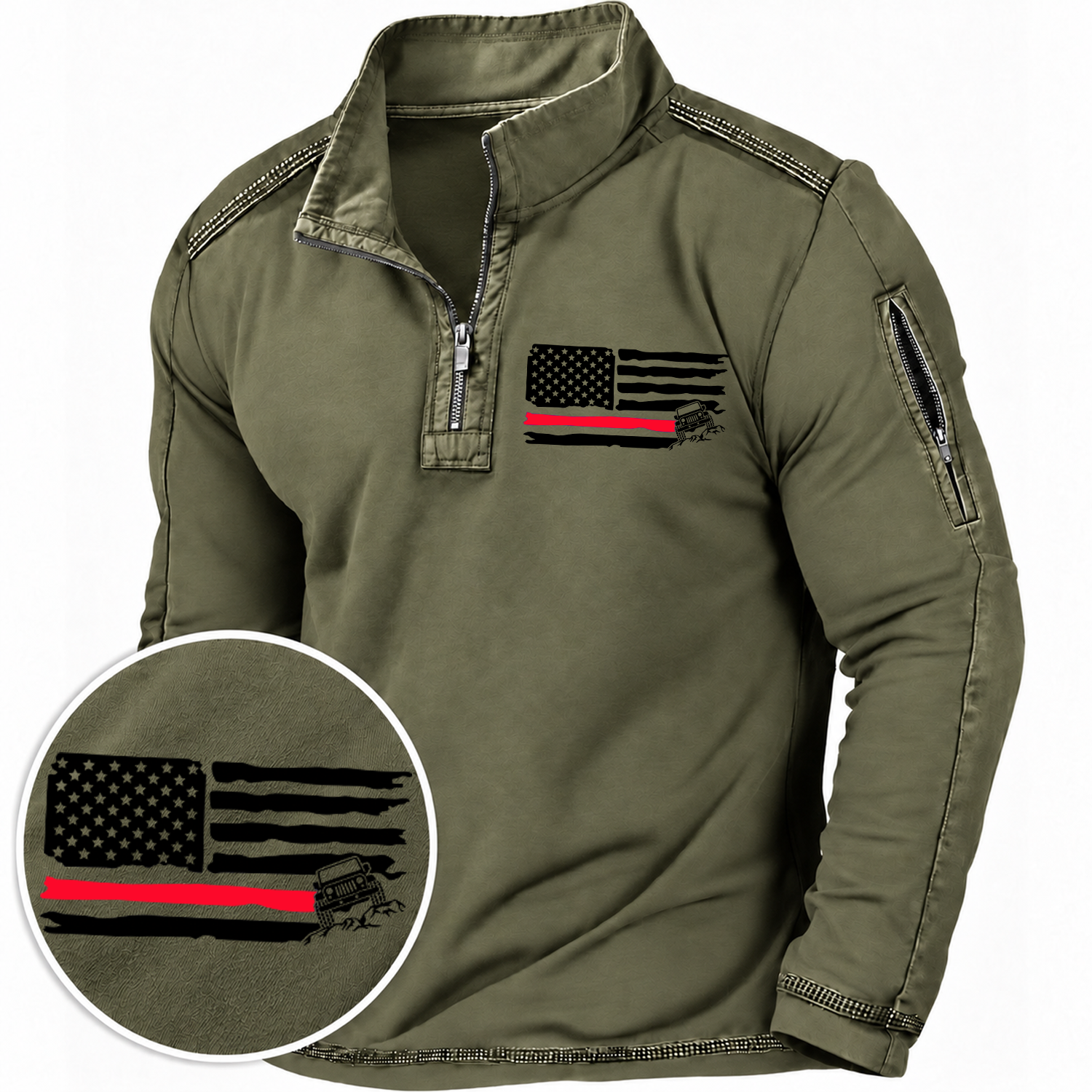 American Patriotic Distressed Thin Red Flag Offroad Quarter-Zip Sweatshirt