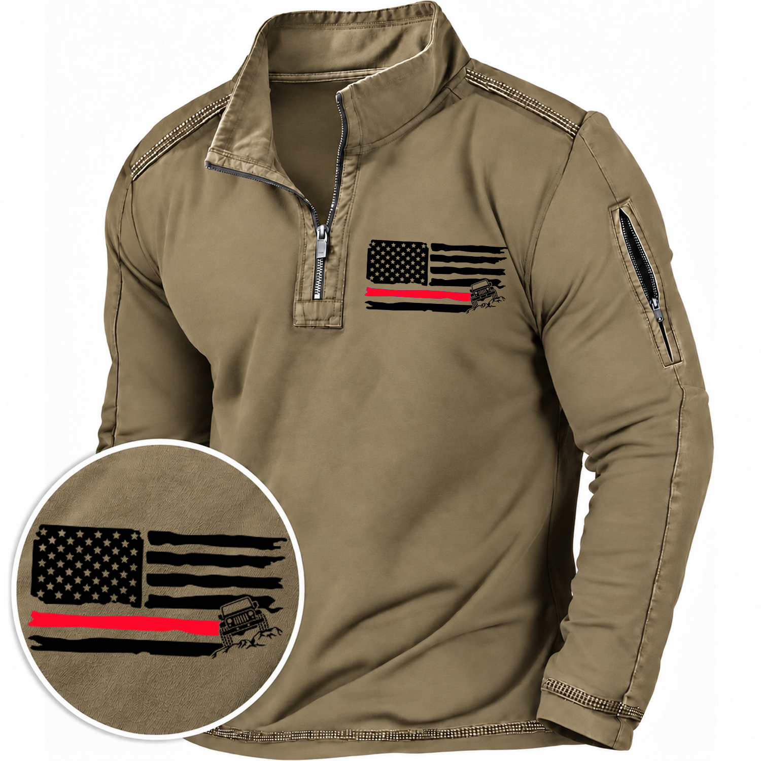 American Patriotic Distressed Thin Red Flag Offroad Quarter-Zip Sweatshirt