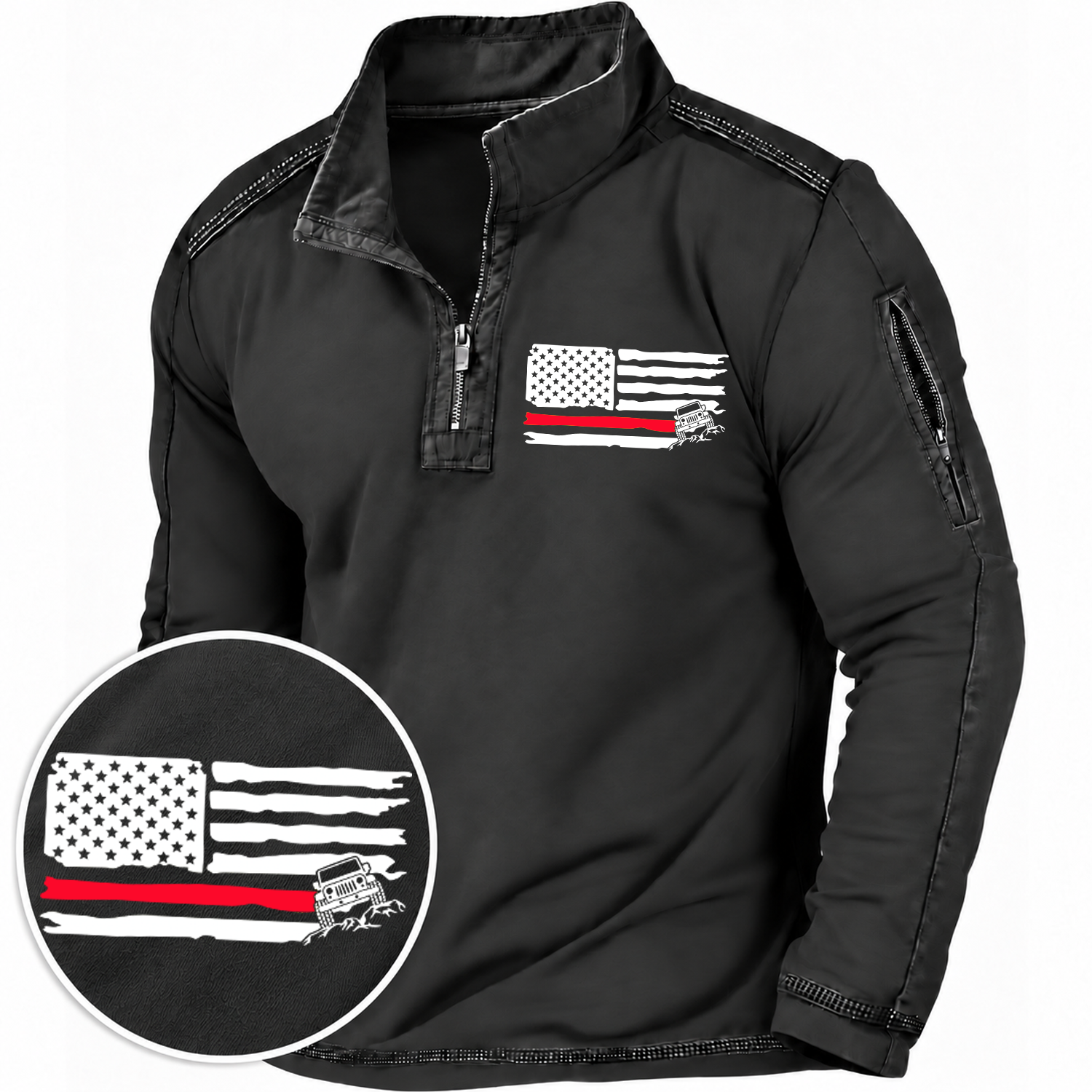 American Patriotic Distressed Thin Red Flag Offroad Quarter-Zip Sweatshirt
