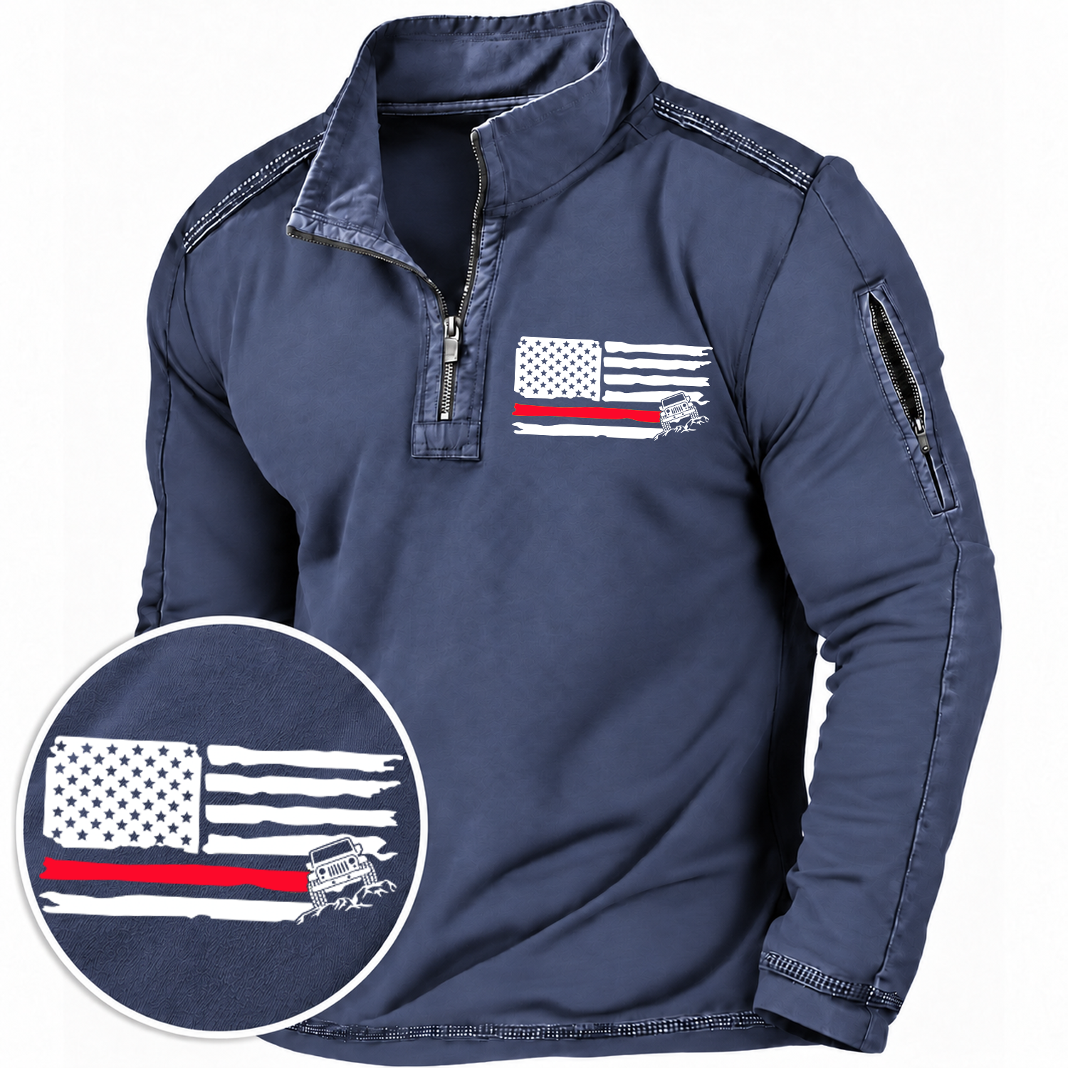 American Patriotic Distressed Thin Red Flag Offroad Quarter-Zip Sweatshirt