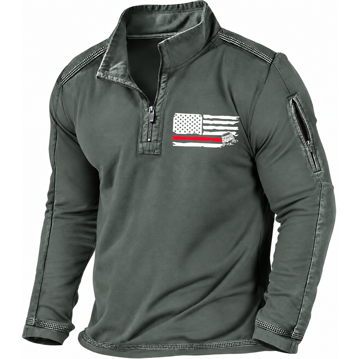 American Patriotic Distressed Thin Red Flag Offroad Quarter-Zip Sweatshirt