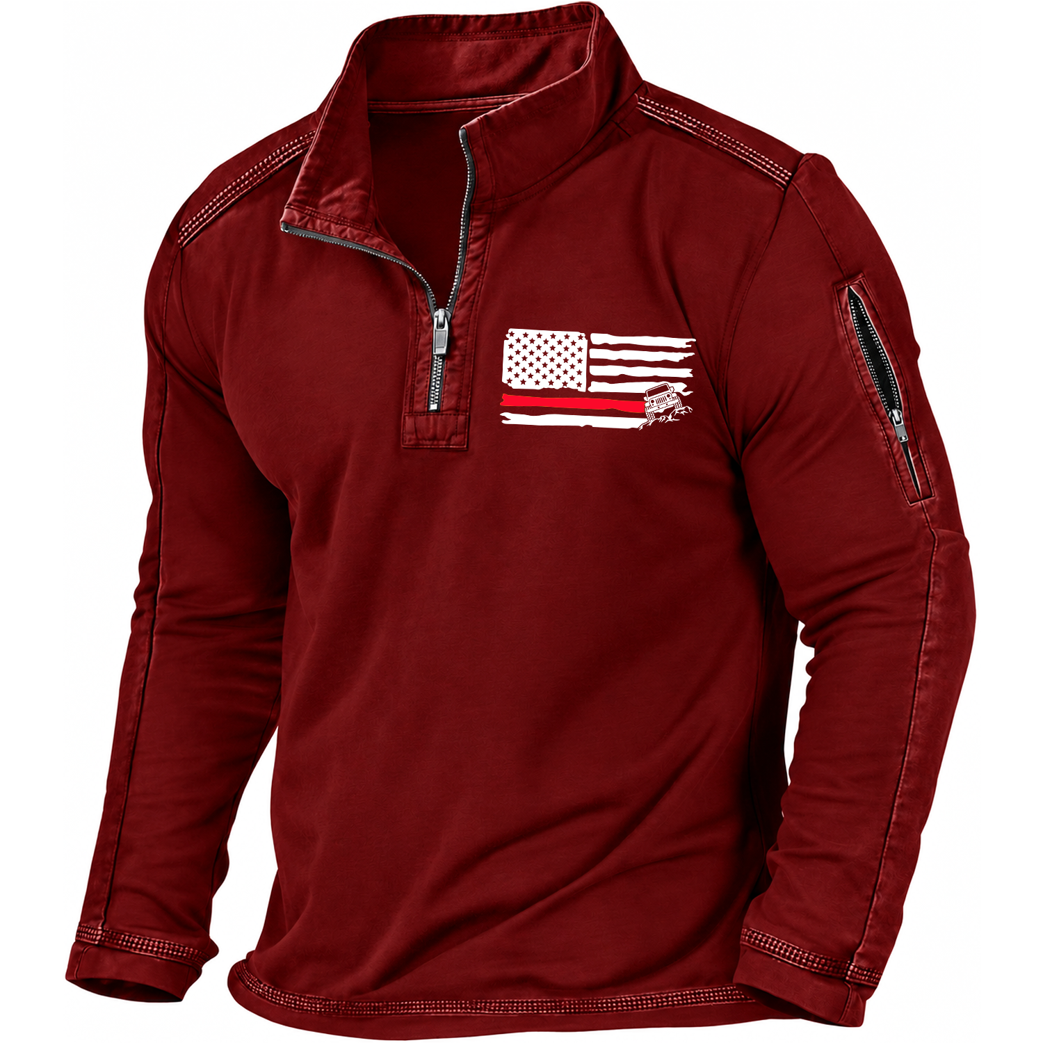 American Patriotic Distressed Thin Red Flag Offroad Quarter-Zip Sweatshirt