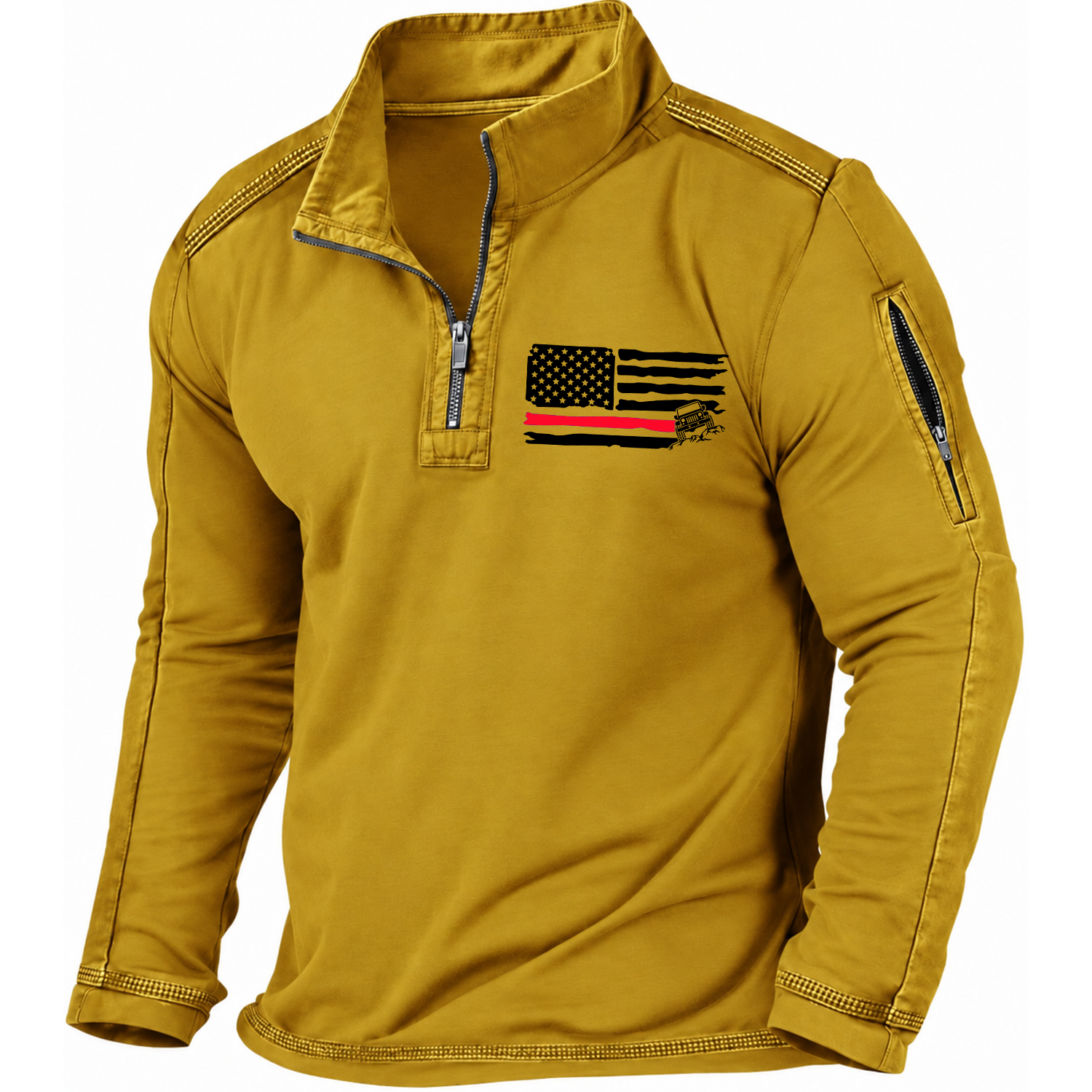 American Patriotic Distressed Thin Red Flag Offroad Quarter-Zip Sweatshirt