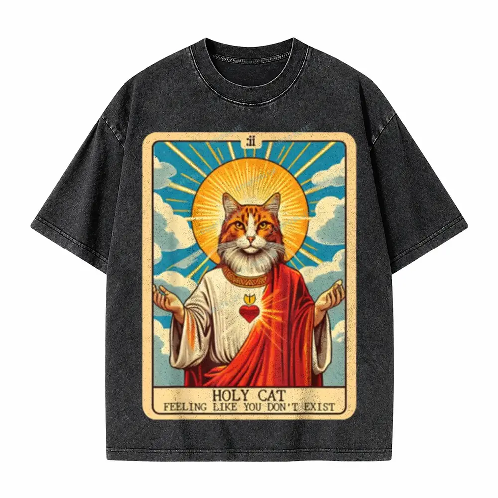 Comfoblue Funny Religious Holy Cat Tarot Card On Comfort Colors Washed T-Shirt - SLCFB260717145