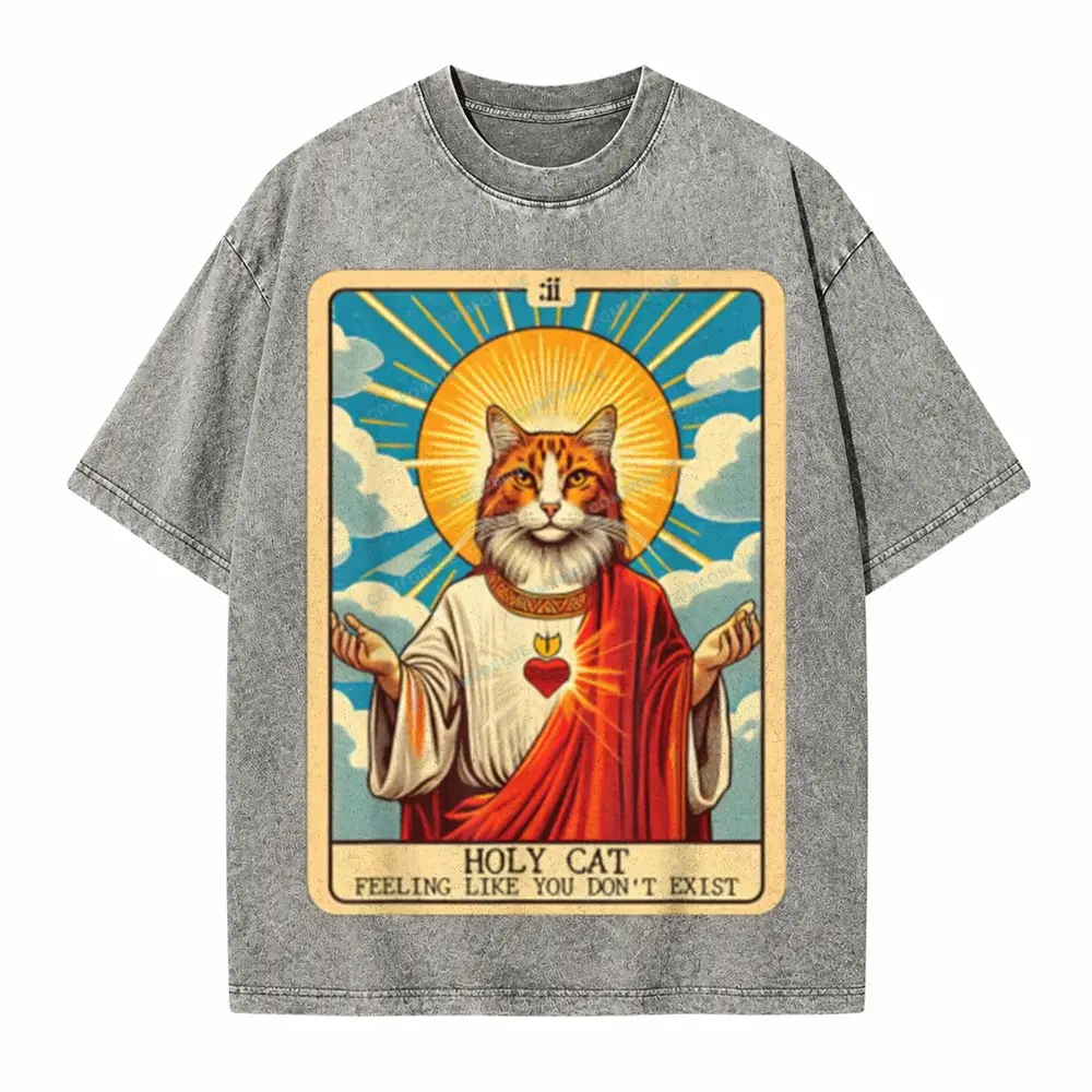 Comfoblue Funny Religious Holy Cat Tarot Card On Comfort Colors Washed T-Shirt - SLCFB260717145