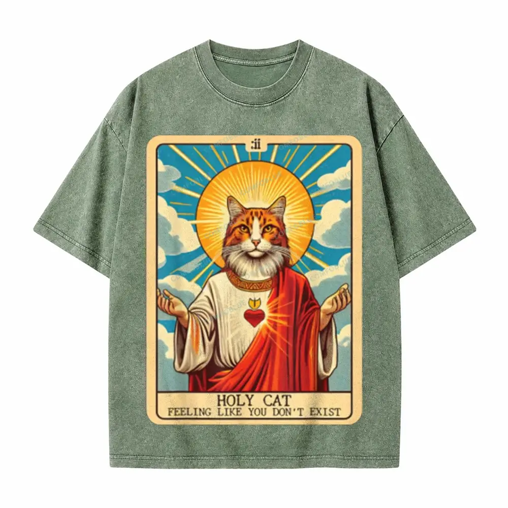 Comfoblue Funny Religious Holy Cat Tarot Card On Comfort Colors Washed T-Shirt - SLCFB260717145