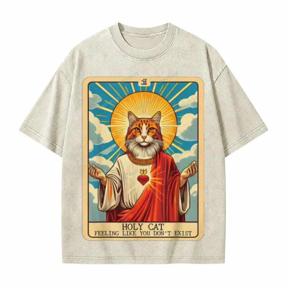 Comfoblue Funny Religious Holy Cat Tarot Card On Comfort Colors Washed T-Shirt - SLCFB260717145
