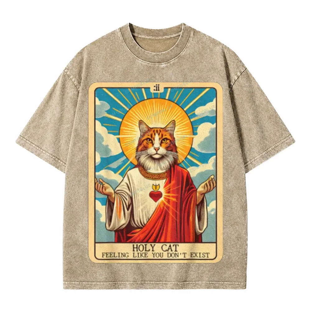 Comfoblue Funny Religious Holy Cat Tarot Card On Comfort Colors Washed T-Shirt - SLCFB260717145