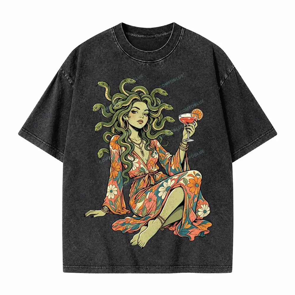 Comfoblue Hippie Medusa Floral Boho Goddess Cocktail Tarot Card On Comfort Colors Washed T-Shirt - SLCFB260717793