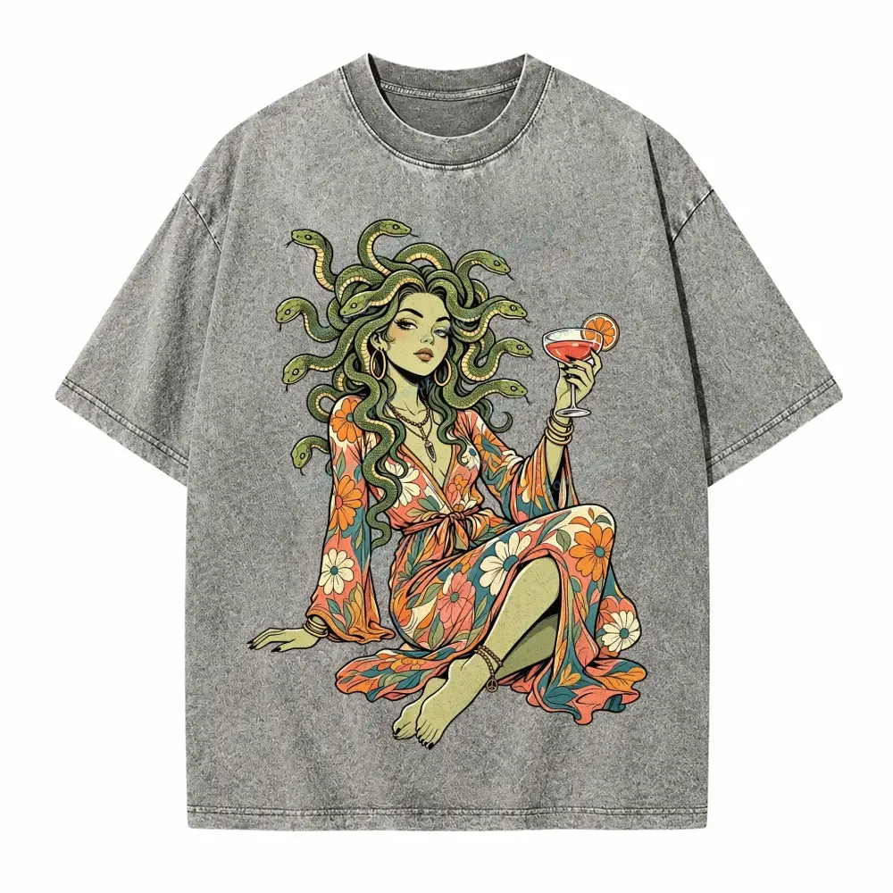 Comfoblue Hippie Medusa Floral Boho Goddess Cocktail Tarot Card On Comfort Colors Washed T-Shirt - SLCFB260717793