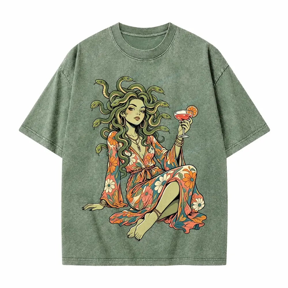 Comfoblue Hippie Medusa Floral Boho Goddess Cocktail Tarot Card On Comfort Colors Washed T-Shirt - SLCFB260717793