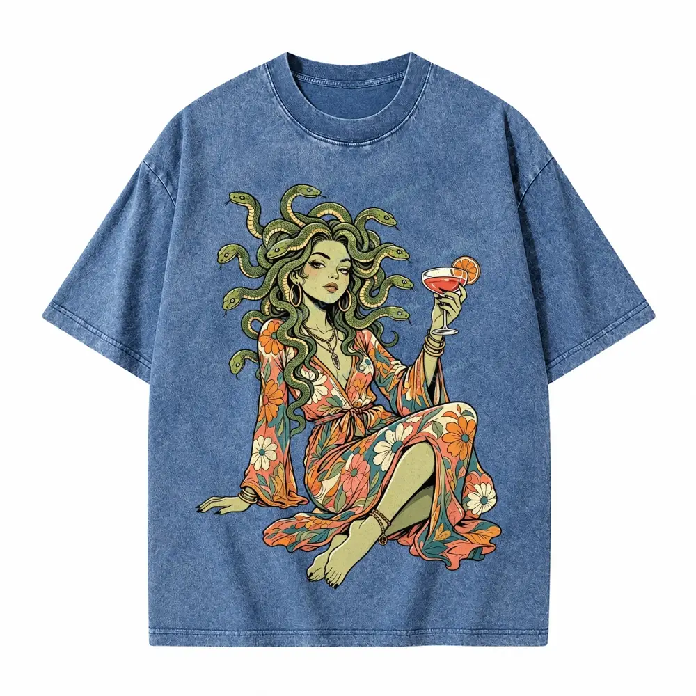 Comfoblue Hippie Medusa Floral Boho Goddess Cocktail Tarot Card On Comfort Colors Washed T-Shirt - SLCFB260717793