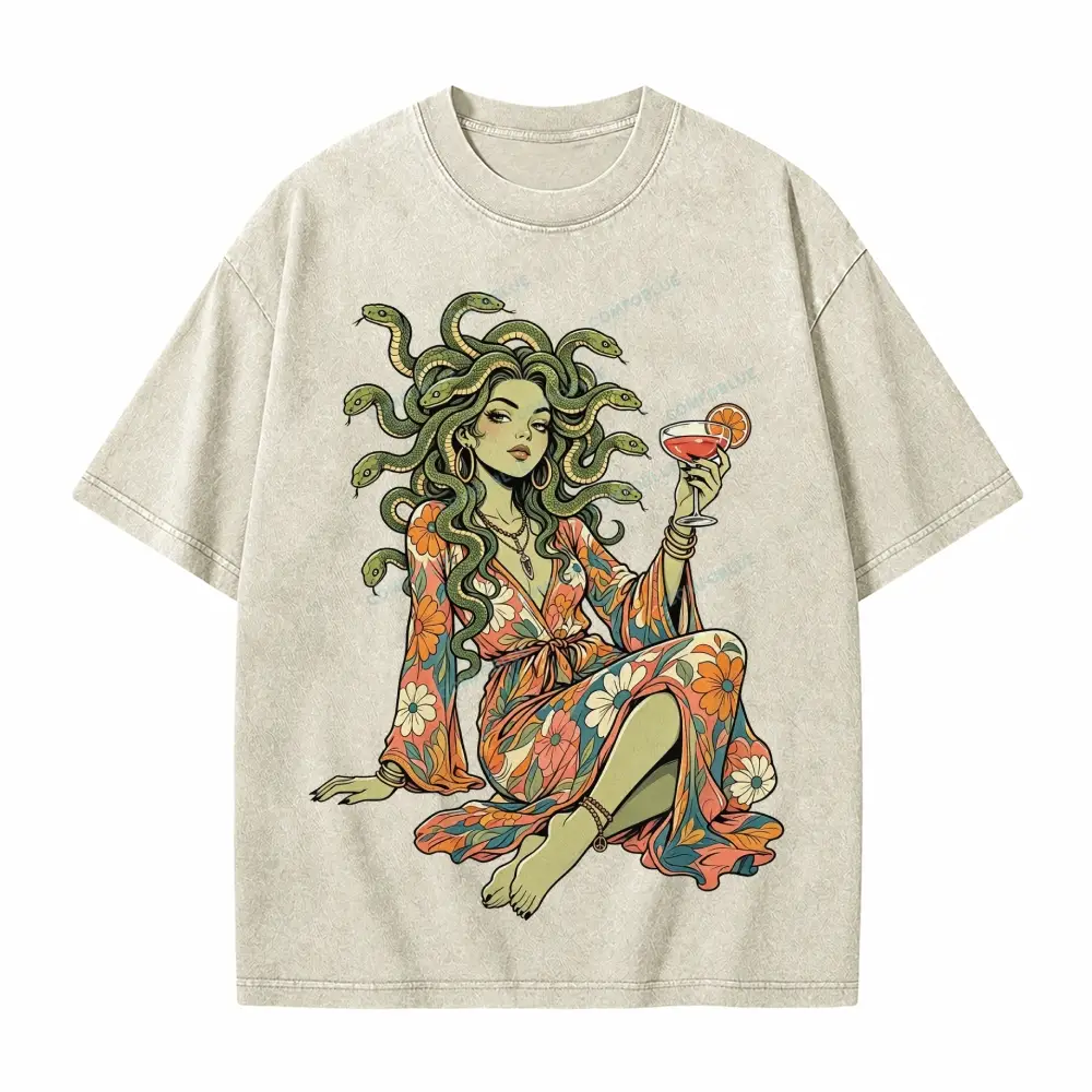 Comfoblue Hippie Medusa Floral Boho Goddess Cocktail Tarot Card On Comfort Colors Washed T-Shirt - SLCFB260717793