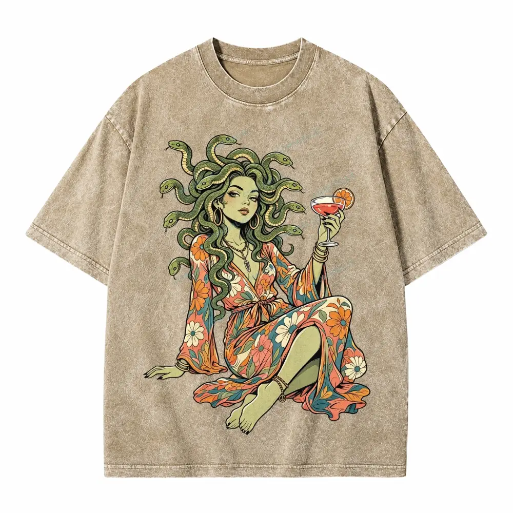 Comfoblue Hippie Medusa Floral Boho Goddess Cocktail Tarot Card On Comfort Colors Washed T-Shirt - SLCFB260717793