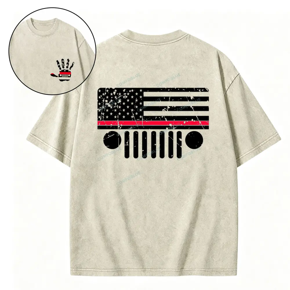 Jp Firefighter Red Line Flag Hand Palm Washed T-Shirt