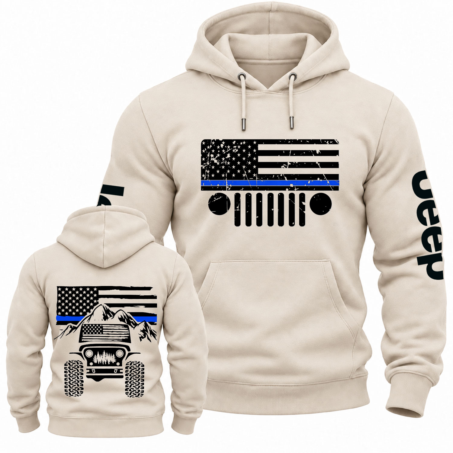 Jp American Flag Mountains Police Blue Line Cotton Hoodie