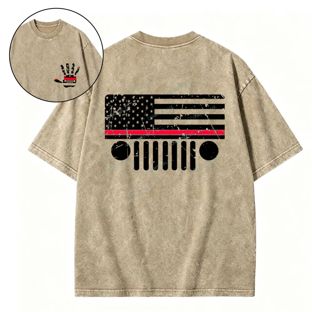 Jp Firefighter Red Line Flag Hand Palm Washed T-Shirt