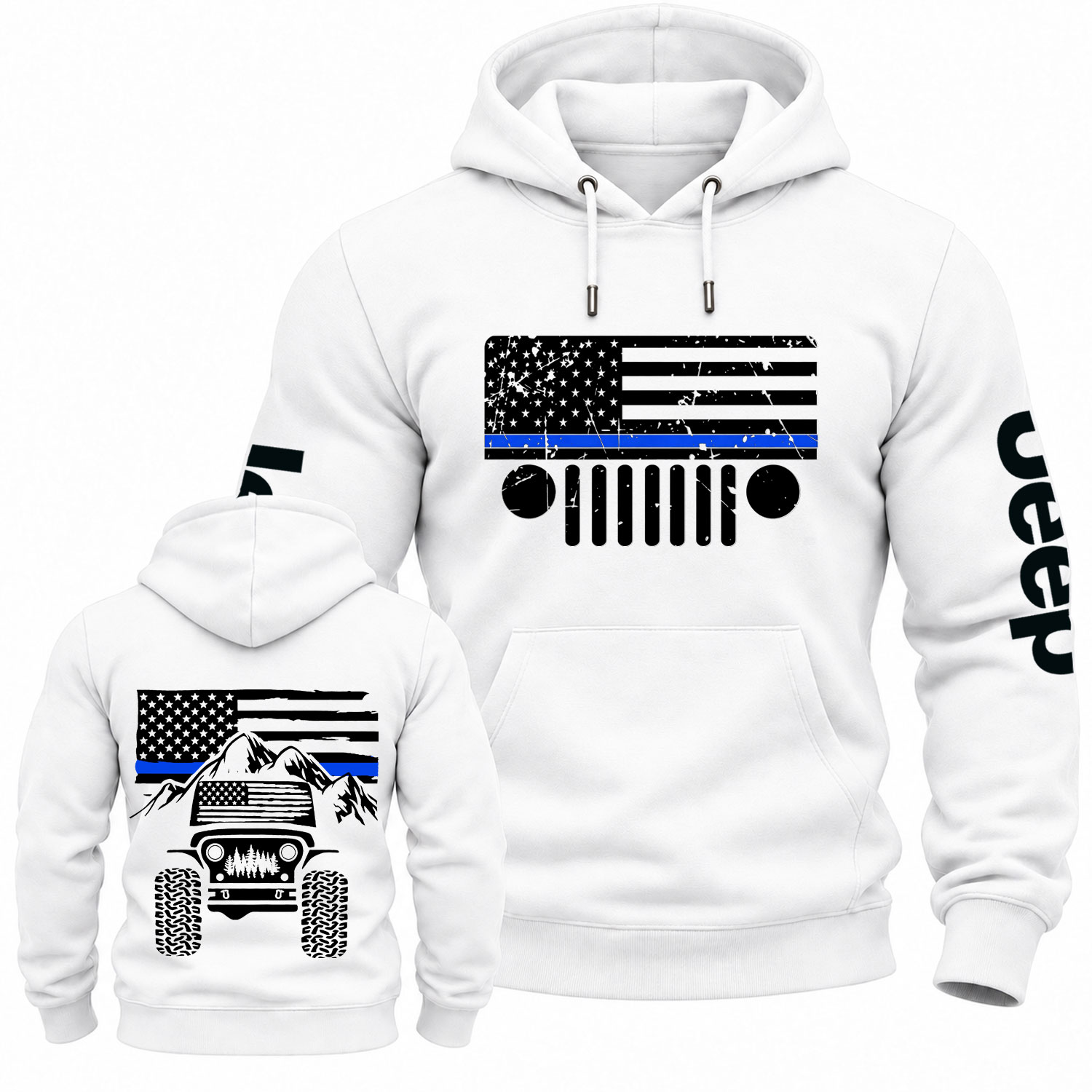 Jp American Flag Mountains Police Blue Line Cotton Hoodie