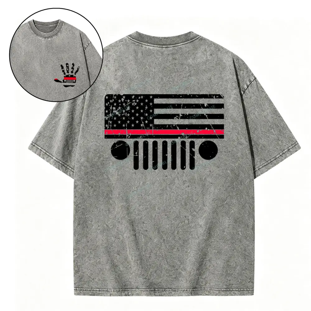 Jp Firefighter Red Line Flag Hand Palm Washed T-Shirt