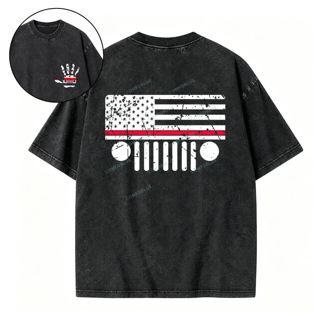 Jp Firefighter Red Line Flag Hand Palm Washed T-Shirt