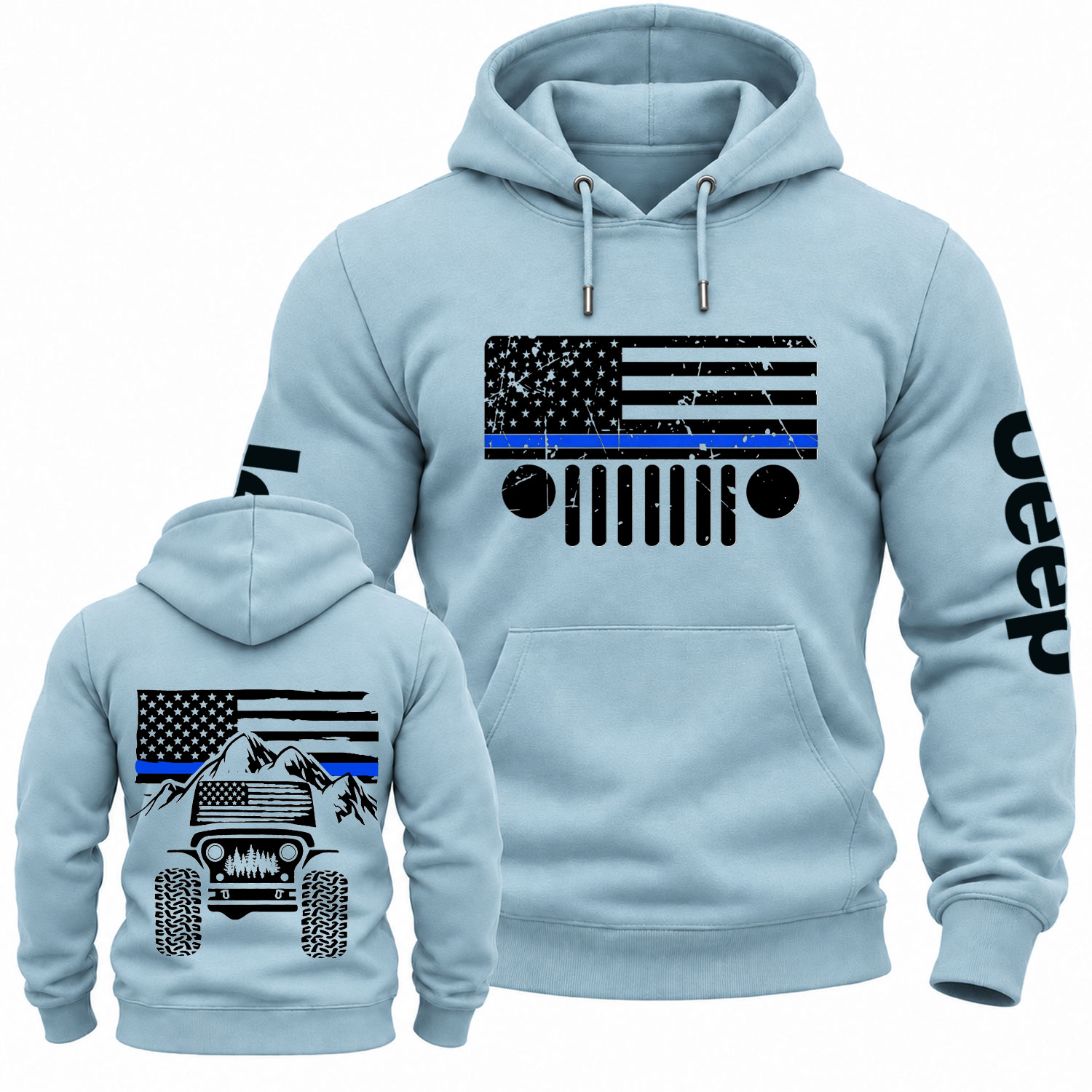 Jp American Flag Mountains Police Blue Line Cotton Hoodie